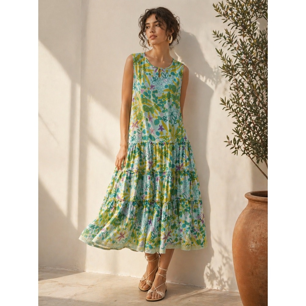Lola P Womens Floral Aquatic Tiered Maxi Dress L Petite Green‎ Tropical Boho
